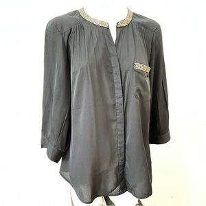 Banana Republic Black Blouse with Relaxed Fit and Mandarin Beaded Collar